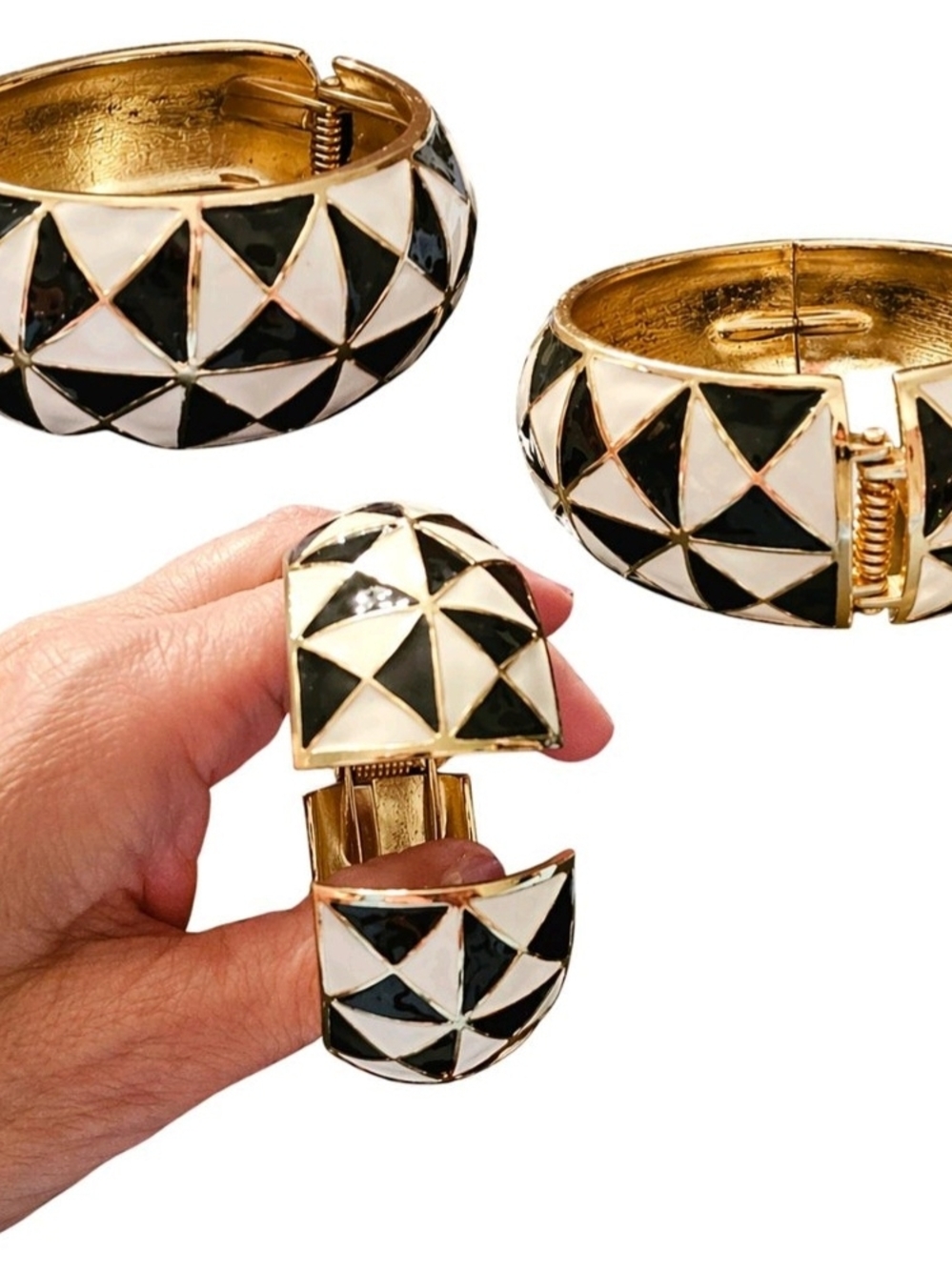 Source Unknown Gold-Tone Black and White Geometric Enamel Bracelet